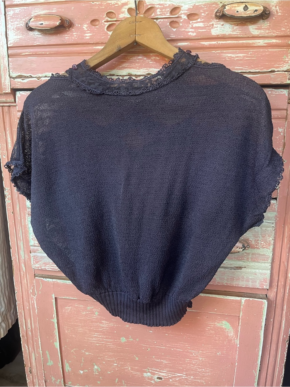 Antique Vintage 30s 40s Art Deco Knit Lace Navy Cotton Blouse Top S/M - Picture 10 of 13